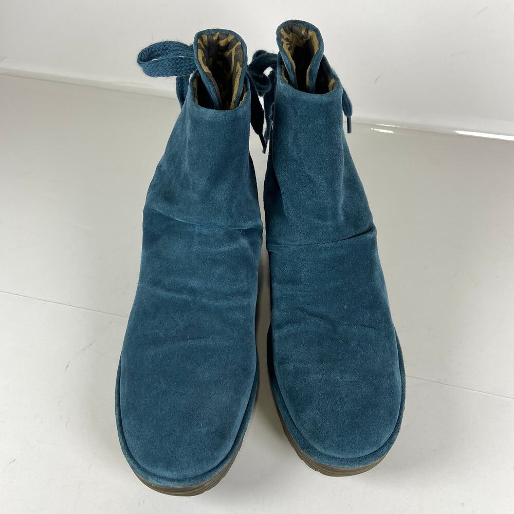 Fly London Yama Boots Size 38 /US 7.5 Blue Suede Platform Lug Wedge Booties - Picture 6 of 8